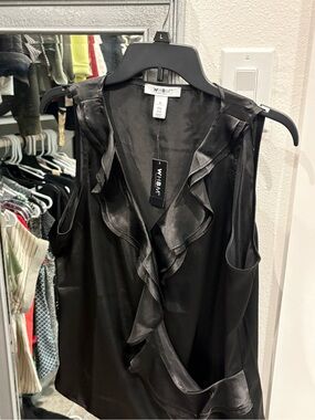 White House Black Market Black Satin Ruffle Sleeveless Blouse